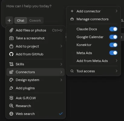 Menu Connectors di kotak chat Claude dengan Konektor dalam keadaan menyala