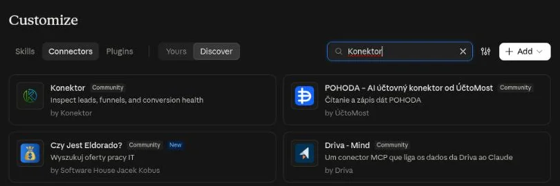 Hasil pencarian Konektor pada tab Discover di Customize Claude
