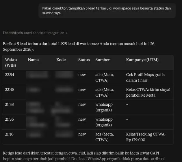 Jawaban Claude berupa tabel 5 lead terbaru dengan status, sumber, dan kampanye