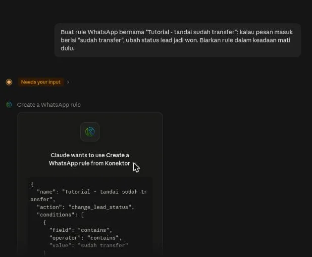 Permintaan izin Claude untuk tool Create a WhatsApp rule beserta isi rule