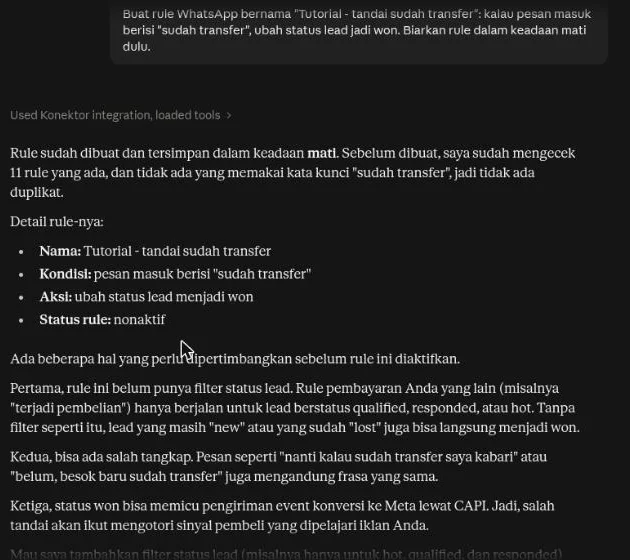 Jawaban Claude setelah rule dibuat dalam keadaan mati, beserta saran sebelum rule dinyalakan
