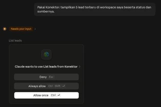 Permintaan izin Claude untuk memakai tool List leads dari Konektor