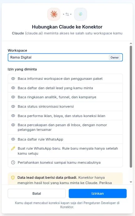Layar persetujuan Hubungkan Claude ke Konektor dengan pilihan workspace dan daftar izin