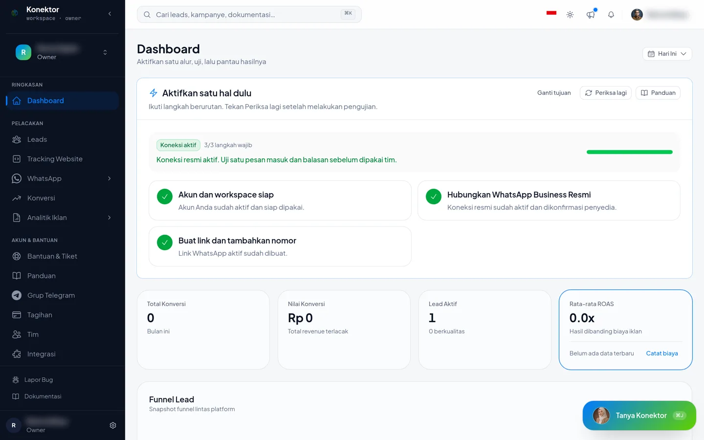 Dashboard Konektor menampilkan panel Aktifkan satu hal dulu, tombol Periksa lagi, dan status Event terverifikasi di header