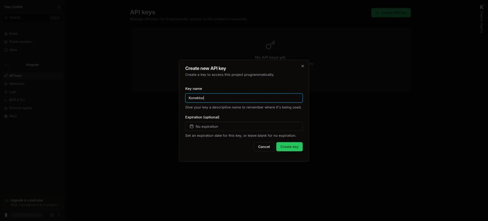 Dialog Create new API key di Kapso dengan nama Konektor