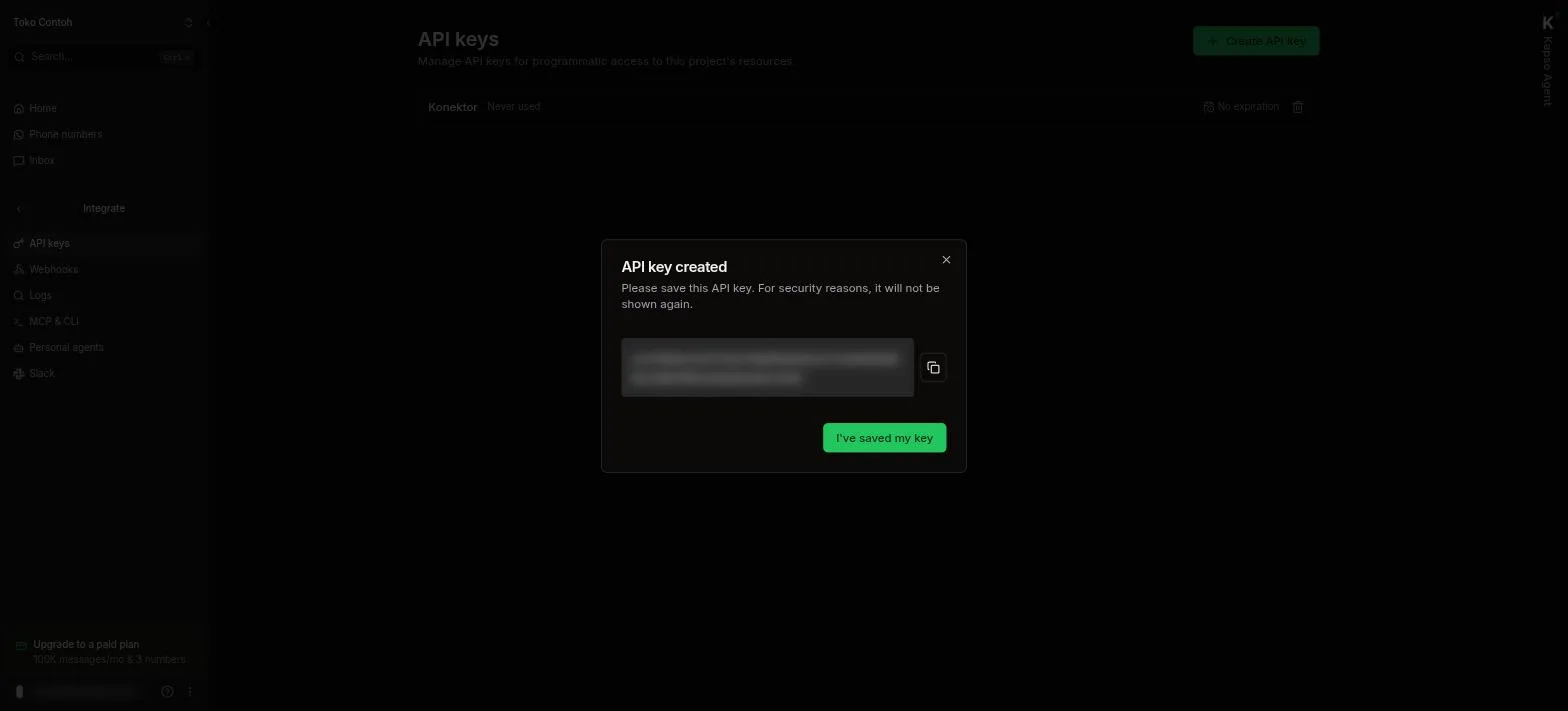 Dialog API key created di Kapso dengan tombol salin; nilai key disamarkan