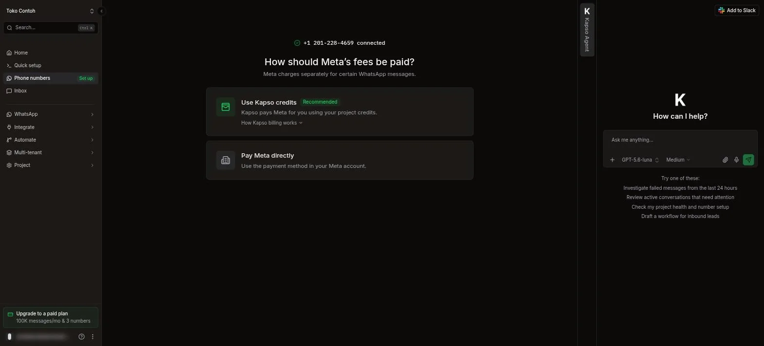 Pilihan cara bayar biaya Meta di Kapso: Use Kapso credits atau Pay Meta directly