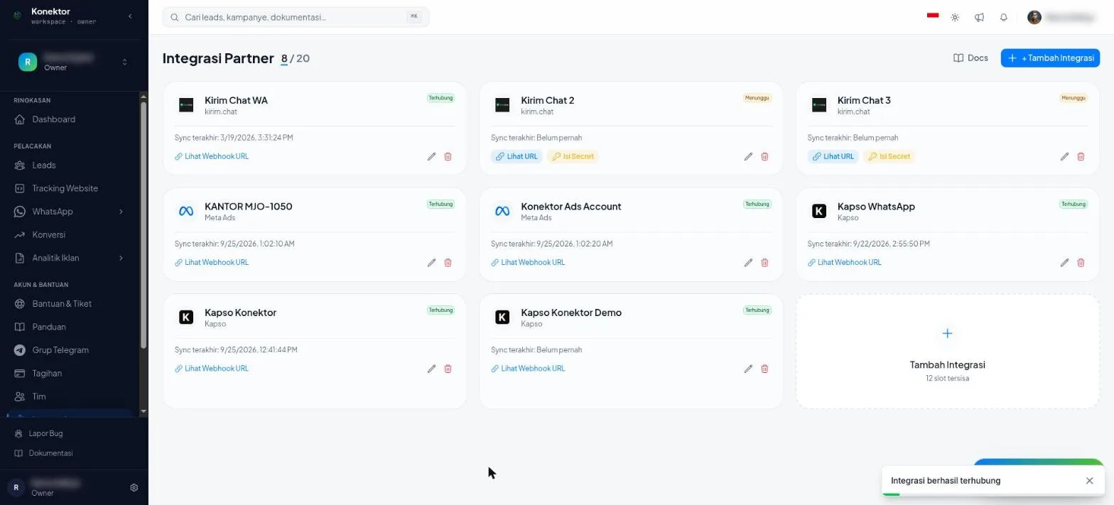 Halaman Integrasi Partner Konektor dengan kartu Kapso baru berstatus Terhubung