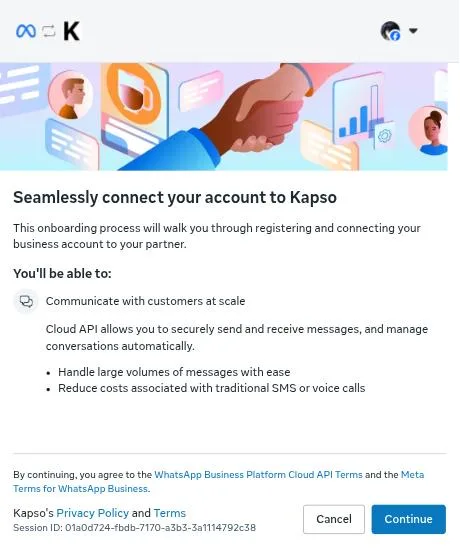 Jendela Meta Seamlessly connect your account to Kapso dengan tombol Continue