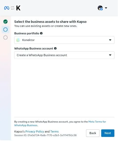 Pilihan Business portfolio dan Create a WhatsApp Business account di jendela Meta