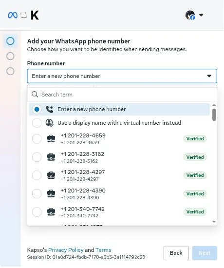Daftar nomor US berlabel Verified di jendela Meta