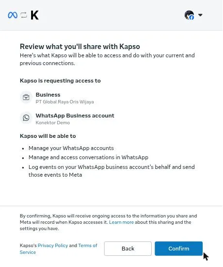 Layar Review what you'll share with Kapso dengan tombol Confirm