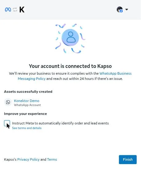 Layar Your account is connected to Kapso dengan tombol Finish