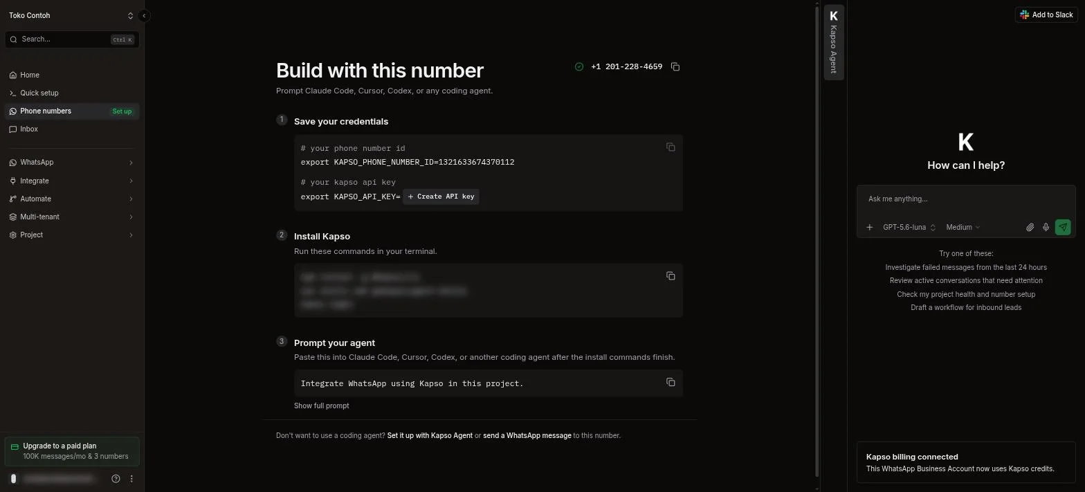 Halaman Build with this number di Kapso dengan nomor yang sudah terhubung