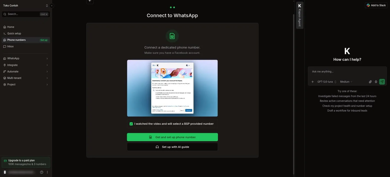 Halaman nomor digital US di Kapso dengan kotak konfirmasi tercentang dan tombol Get and set up phone number