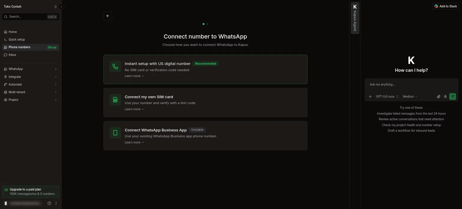 Halaman Connect number to WhatsApp di Kapso dengan tiga pilihan: nomor digital US, SIM card sendiri, dan WhatsApp Business App