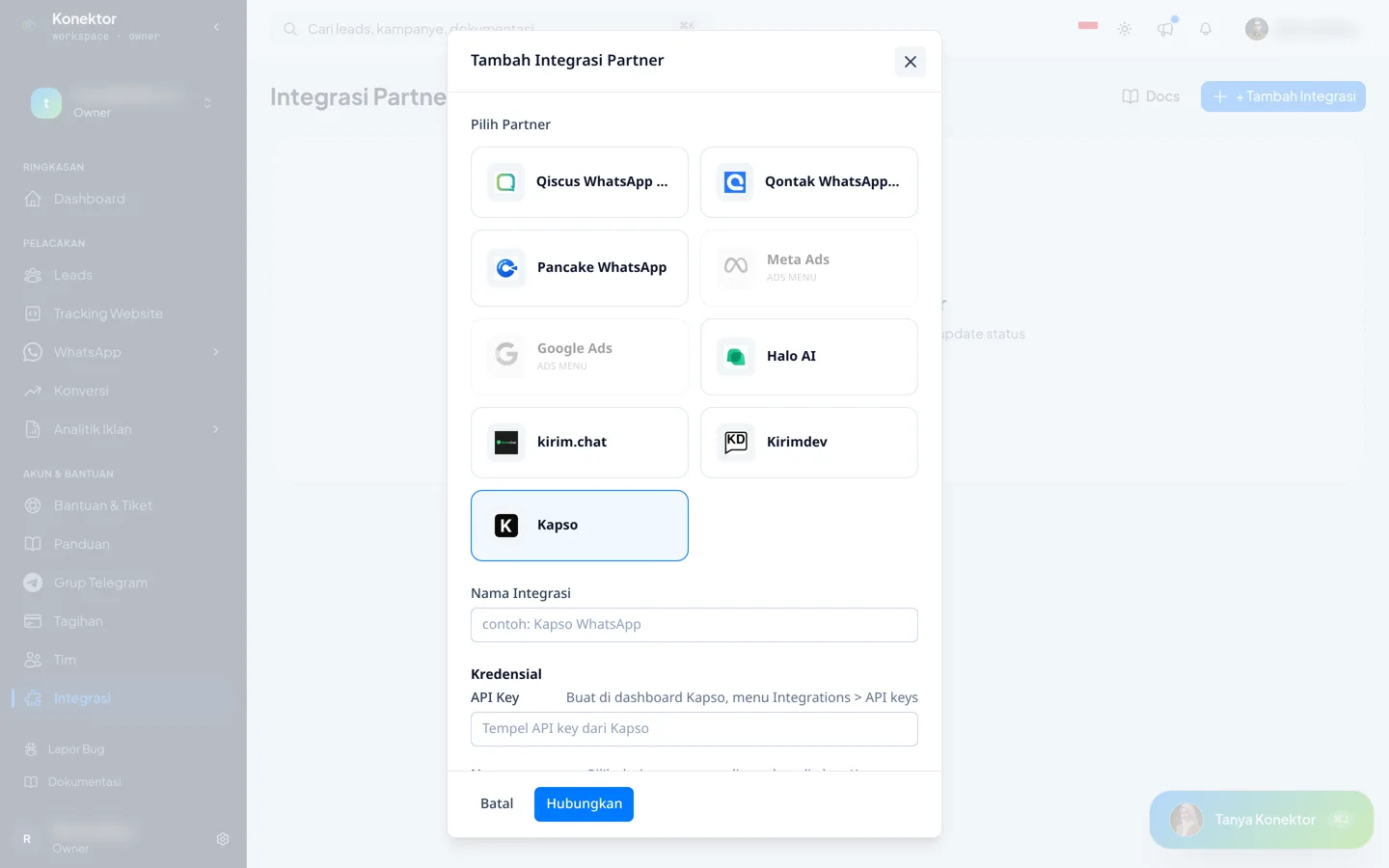 Formulir Tambah Integrasi Partner dengan Kapso terpilih, kolom Nama Integrasi, dan kolom API Key