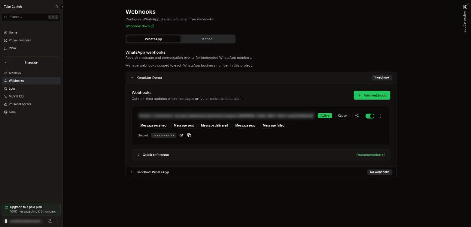 Halaman Webhooks di Kapso dengan webhook Konektor berstatus Active