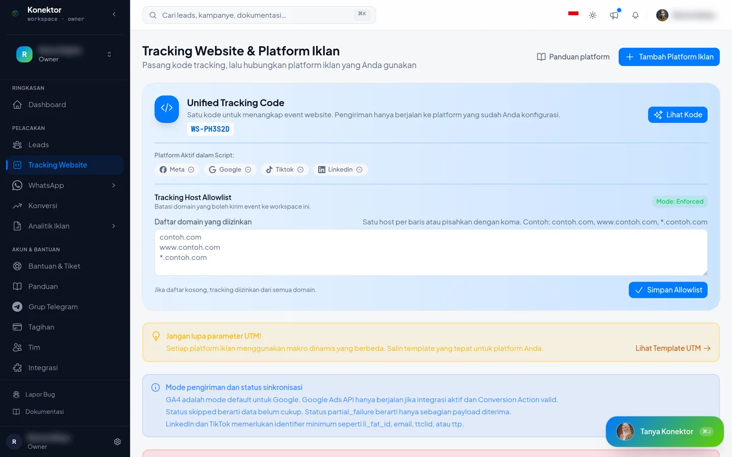 Halaman Tracking Website dengan kartu Unified Tracking Code dan tombol Lihat Kode