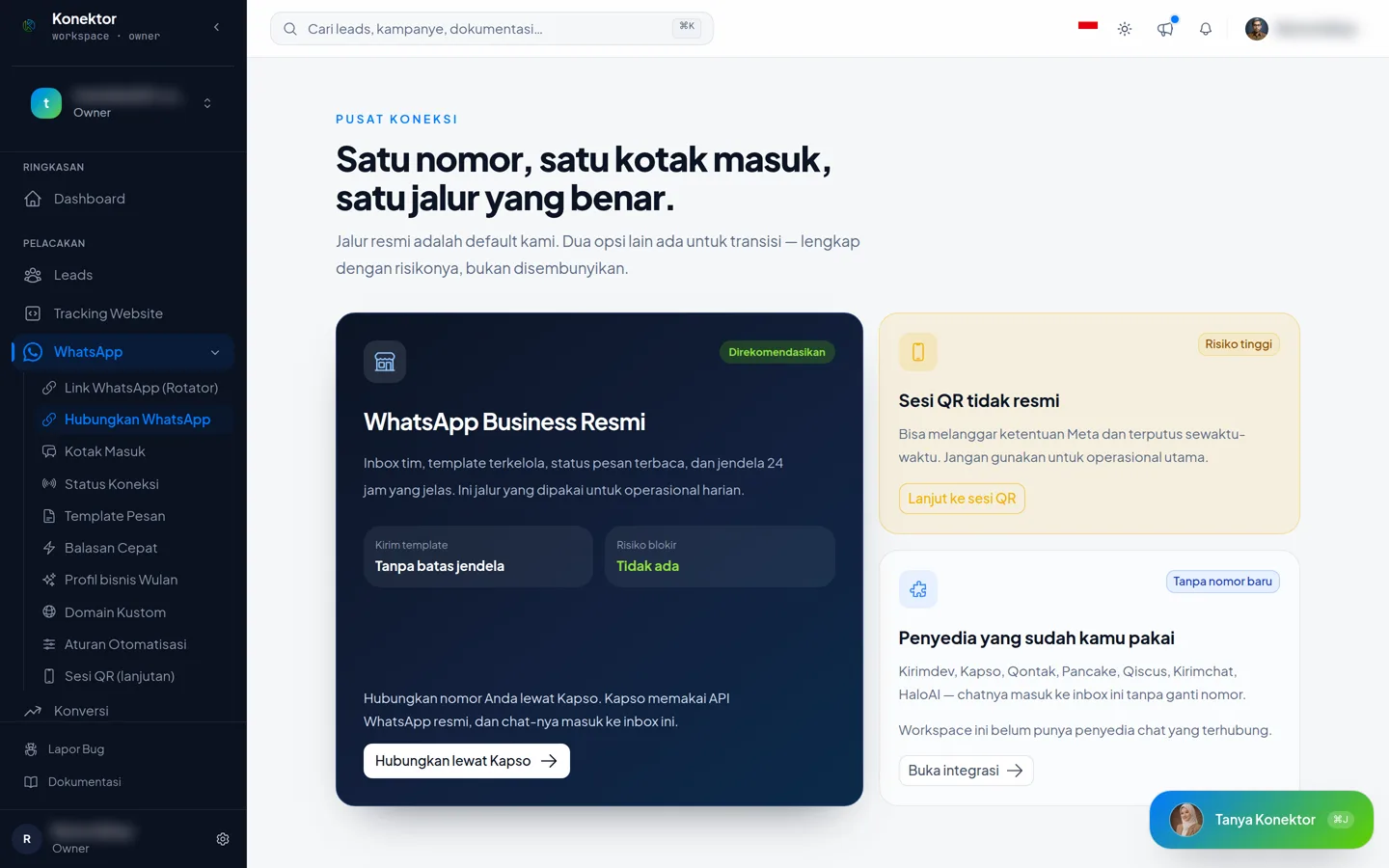 Halaman Hubungkan WhatsApp dengan tombol Hubungkan lewat Kapso pada kartu WhatsApp Business Resmi