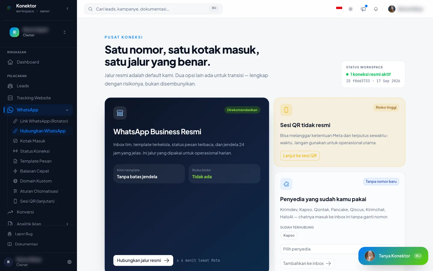 Halaman Pusat Koneksi Konektor dengan tiga kartu jalur: WhatsApp Business Resmi, Sesi QR tidak resmi, dan Penyedia yang sudah kamu pakai