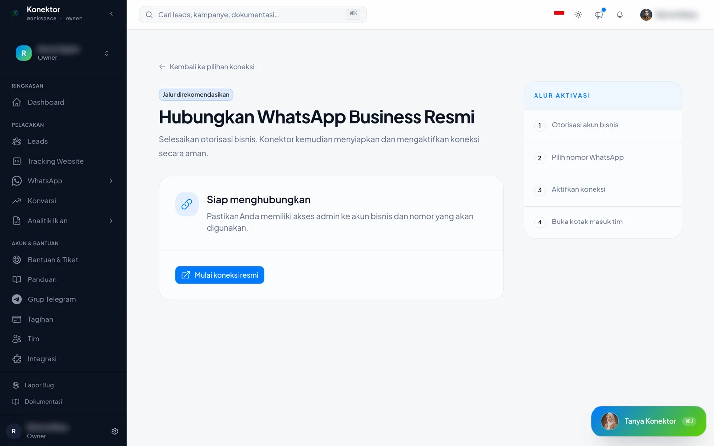 Halaman Hubungkan WhatsApp Business Resmi dengan tombol Mulai koneksi resmi dan alur aktivasi empat langkah
