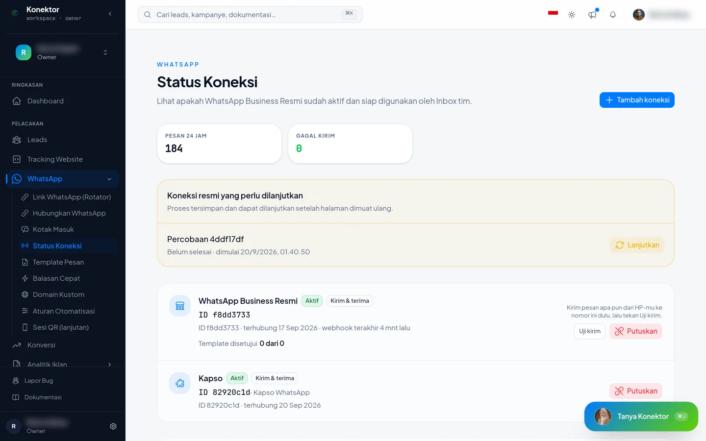 Halaman Status Koneksi dengan kartu WhatsApp Business Resmi berlabel Aktif dan Kirim & terima, serta satu koneksi yang perlu dilanjutkan