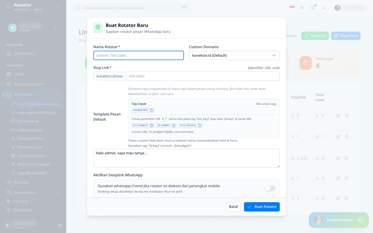 Formulir Buat Rotator Baru dengan kolom Nama Rotator dan Slug Link yang masih kosong